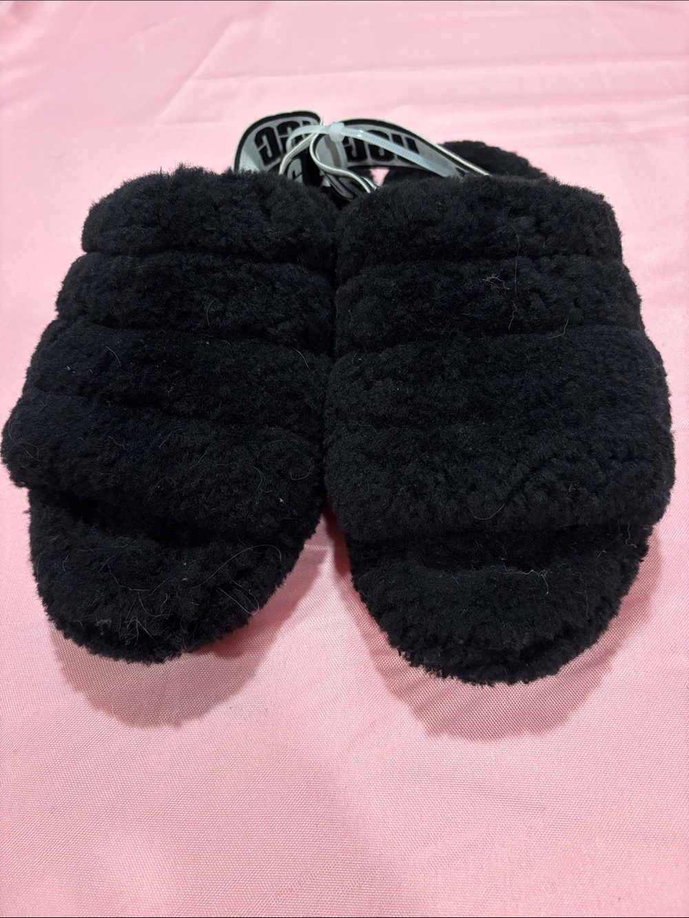 UGG Black Fuzzy Plush Logo Strap Slippers Women’s Size 7 EU 38 NWOB